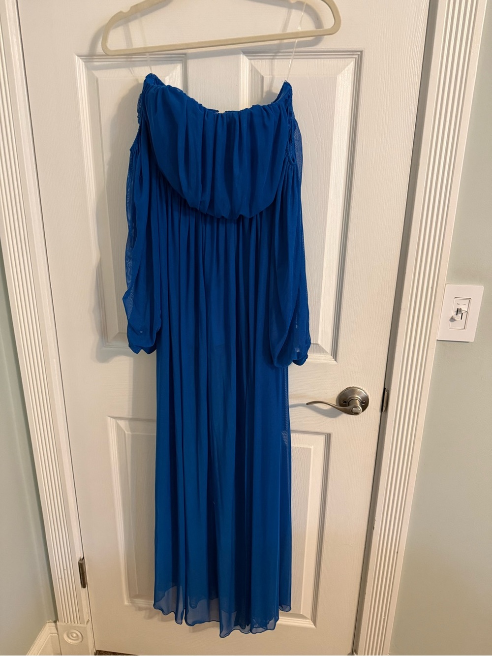 VENUS Blue Off The Shoulder Maxi Dress with Built in Shorts and Sheer Sleeves